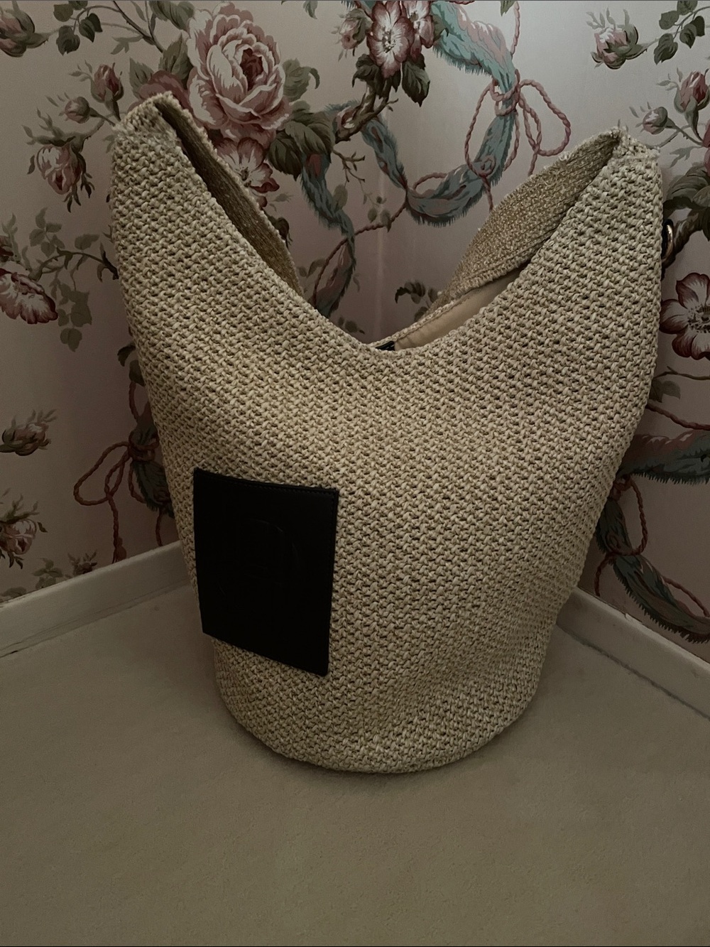 House of Harlow 1960 Beige Woven Hobo with Dark Brown Logo Patch